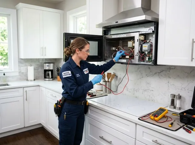 Appliance Repair Hero technician testing an over-the-range microwave in a Ada, MI kitchen